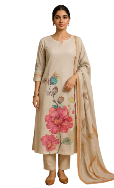 Woman wearing a beige floral embroidered tunic with matching pants and dupatta.